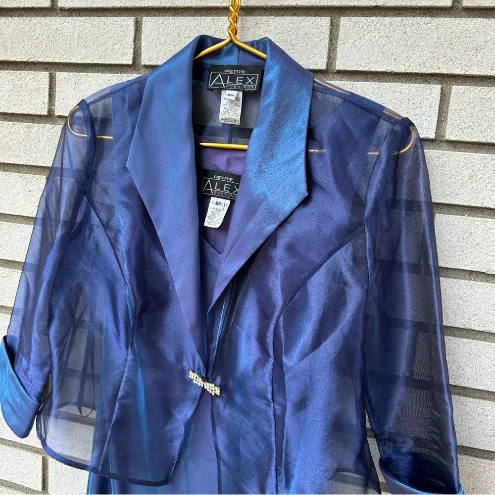 Alex Evenings Petite 8P Blue Maxi Dress Sheer Jacket Formal Rhinestone Set - Picture 3 of 9